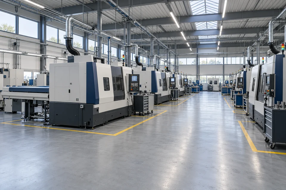 Darstellung einer Fertigungshalle mit zwei geordneten Reihen geschlossener CNC-Maschinen, markiertem Mittelgang und Tageslicht.